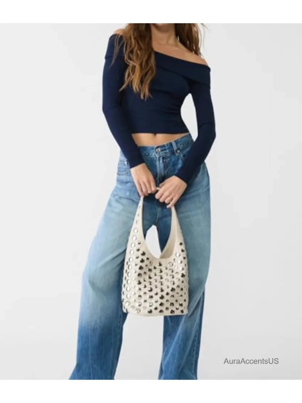 Studded Hobo Bag Y2K Rivets Bucket Purse Faux Leather Shoulder Bag